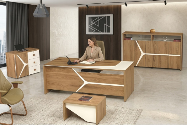 Moderno conjunto de escritorio de oficina completo, escritorio de oficina, escritorio de oficina, conjunto de 4 piezas de madera marrón.