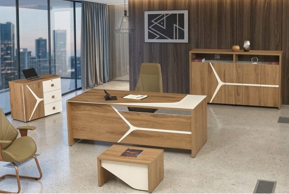 Moderno conjunto de escritorio de oficina completo, escritorio de oficina, escritorio de oficina, conjunto de 4 piezas de madera marrón.