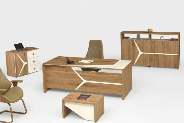 Moderno conjunto de escritorio de oficina completo, escritorio de oficina, escritorio de oficina, conjunto de 4 piezas de madera marrón.