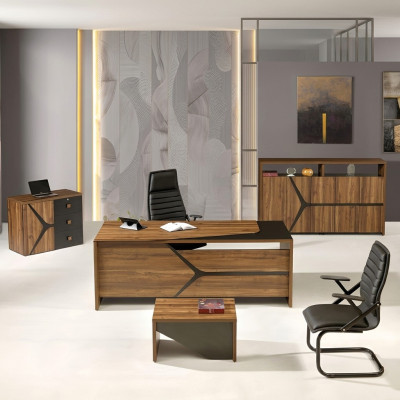 Muebles de oficina escritorio completo de 4 piezas de madera marrón.