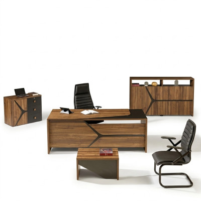 Muebles de oficina escritorio completo de 4 piezas de madera marrón.