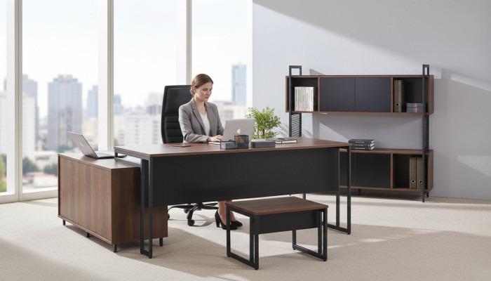 Muebles de oficina, escritorio de esquina completo, escritorio de oficina 3 piezas de madera marrón.