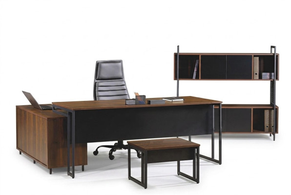 Muebles de oficina, escritorio de esquina completo, escritorio de oficina 3 piezas de madera marrón.