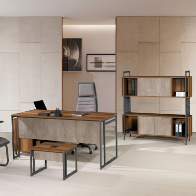 Muebles de oficina clásicos completos en color marrón con escritorio de esquina de madera de 3 piezas.