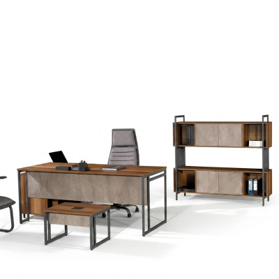 Muebles de oficina clásicos completos en color marrón con escritorio de esquina de madera de 3 piezas.