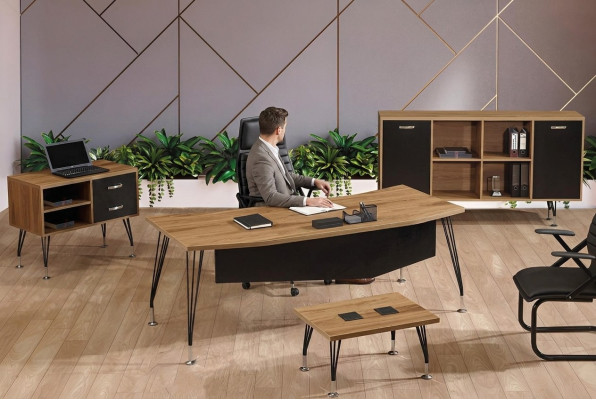 Escritorio de oficina, muebles de oficina, oficina completa, conjunto de escritorio de 4 piezas de madera negro.
