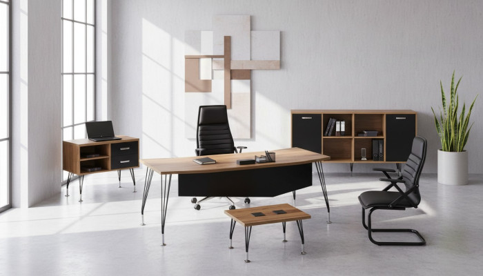 Escritorio de oficina, muebles de oficina, oficina completa, conjunto de escritorio de 4 piezas de madera negro.