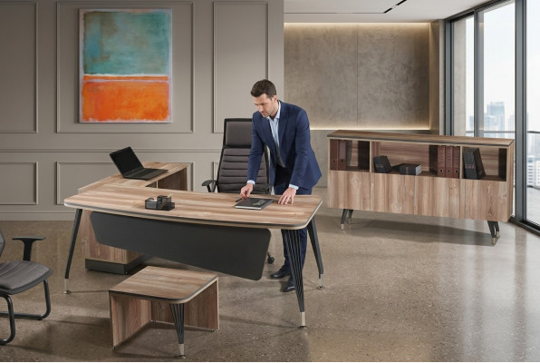 Juego de oficina, escritorio de esquina, conjunto de escritorio de oficina de 3 piezas, muebles de oficina de madera marrón