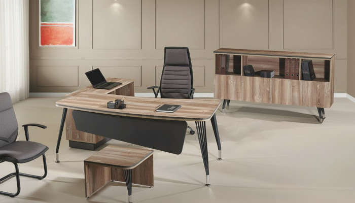 Juego de oficina, escritorio de esquina, conjunto de escritorio de oficina de 3 piezas, muebles de oficina de madera marrón