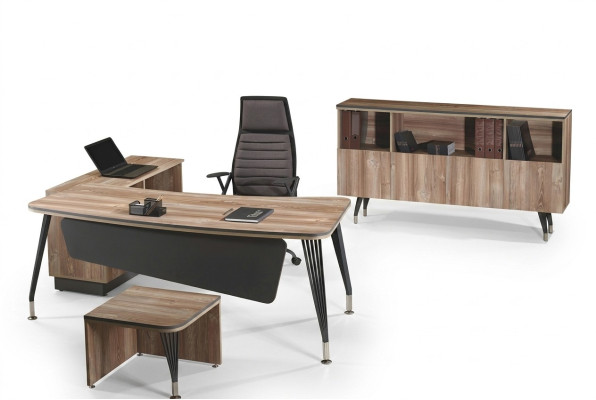 Juego de oficina, escritorio de esquina, conjunto de escritorio de oficina de 3 piezas, muebles de oficina de madera marrón