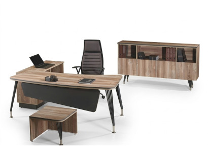 Juego de oficina, escritorio de esquina, conjunto de escritorio de oficina de 3 piezas, muebles de oficina de madera marrón