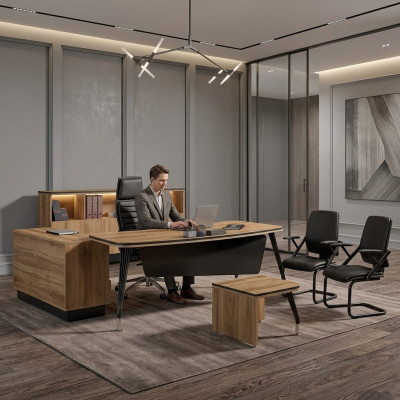 Mesa de oficina en esquina clásica Juego completo de muebles de oficina Marrón 3 piezas Madera