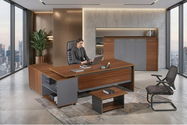 Grupo de mesa de oficina en forma de L Juego completo de mesa de oficina de madera de 3 piezas Mobiliario de oficina marrón