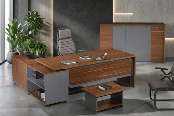 Grupo de mesa de oficina en forma de L Juego completo de mesa de oficina de madera de 3 piezas Mobiliario de oficina marrón