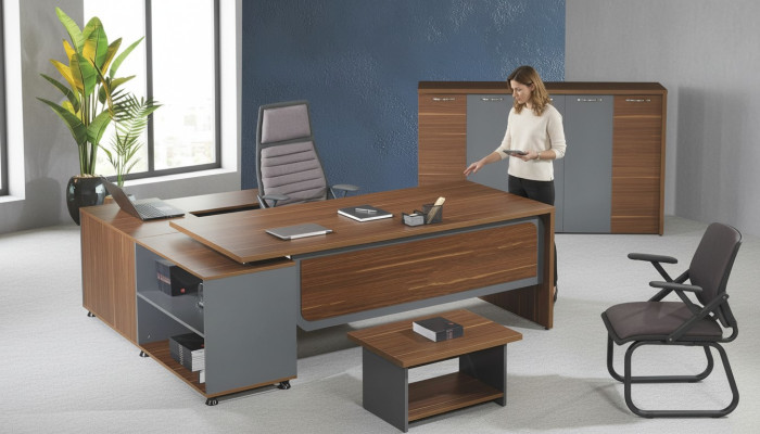Conjunto de escritorio de esquina de oficina, set de escritorio de oficina de 3 piezas de madera en color marrón.