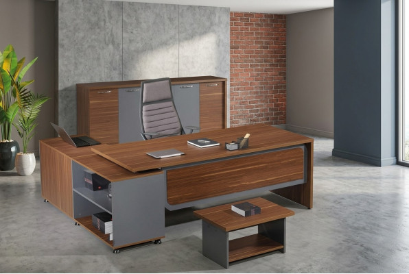 Conjunto de escritorio de esquina de oficina, set de escritorio de oficina de 3 piezas de madera en color marrón.