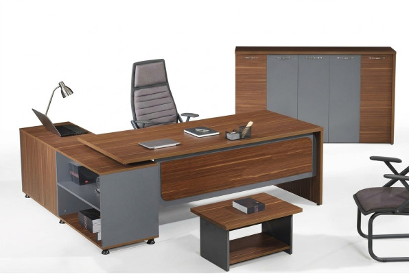 Conjunto de escritorio de esquina de oficina, set de escritorio de oficina de 3 piezas de madera en color marrón.