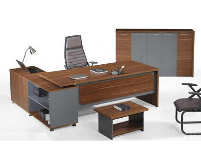Conjunto de escritorio de esquina de oficina, set de escritorio de oficina de 3 piezas de madera en color marrón.