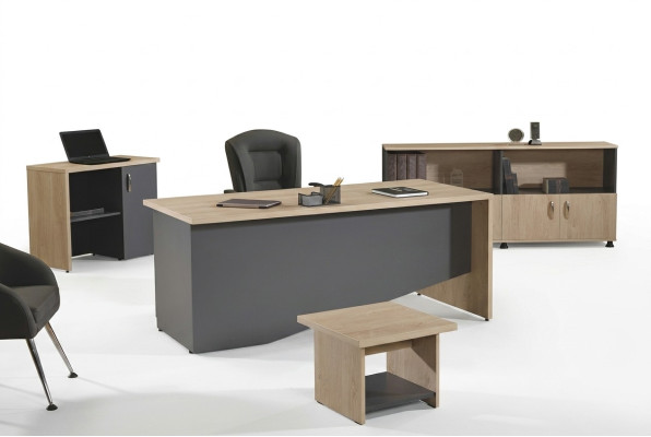 Conjunto de muebles de oficina completo, escritorio de 4 piezas de madera gris.