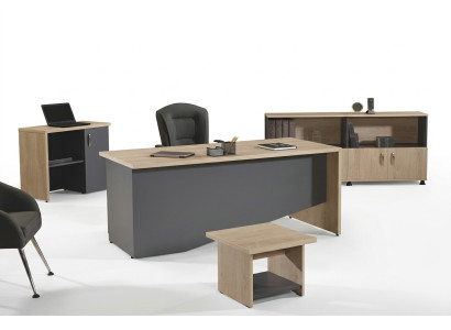Conjunto de muebles de oficina completo, escritorio de 4 piezas de madera gris.