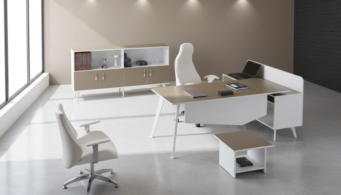 Muebles de oficina modernos de esquina, escritorio de trabajo blanco, conjunto de 3 piezas de madera para la oficina.