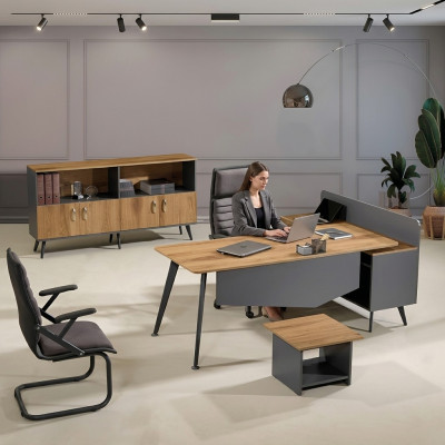 Escritorio de esquina moderno, muebles de oficina marrón de madera en conjunto de 3 piezas.