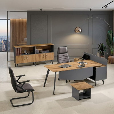 Escritorio de esquina moderno, muebles de oficina marrón de madera en conjunto de 3 piezas.