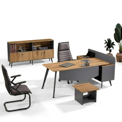 Escritorio de esquina moderno, muebles de oficina marrón de madera en conjunto de 3 piezas.