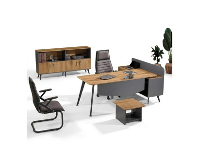 Escritorio de esquina moderno, muebles de oficina marrón de madera en conjunto de 3 piezas.