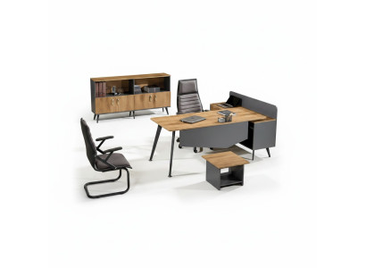 Conjunto de muebles de oficina. Escritorio de oficina en esquina. Juego de escritorio de 3 piezas de madera marrón. Oficina.