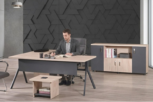 Conjunto de oficina de 3 piezas de muebles de oficina de madera gris con escritorio de esquina para oficina.