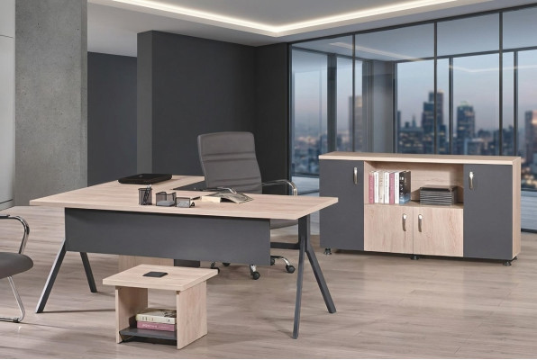Conjunto de oficina de 3 piezas de muebles de oficina de madera gris con escritorio de esquina para oficina.