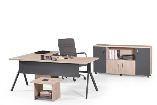 Conjunto de oficina de 3 piezas de muebles de oficina de madera gris con escritorio de esquina para oficina.