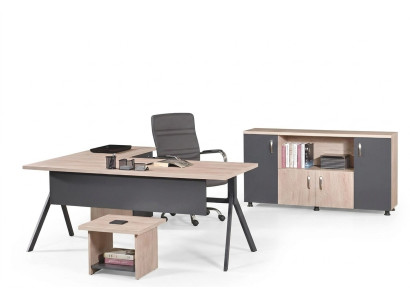 Conjunto de oficina de 3 piezas de muebles de oficina de madera gris con escritorio de esquina para oficina.