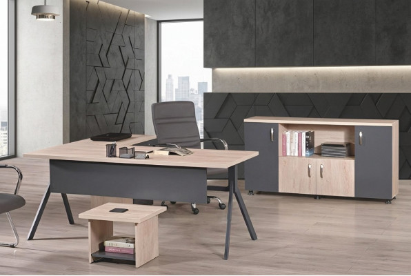 Mesa de trabajo, oficina completa, muebles de oficina, escritorio de esquina de 3 piezas, juego de madera gris.