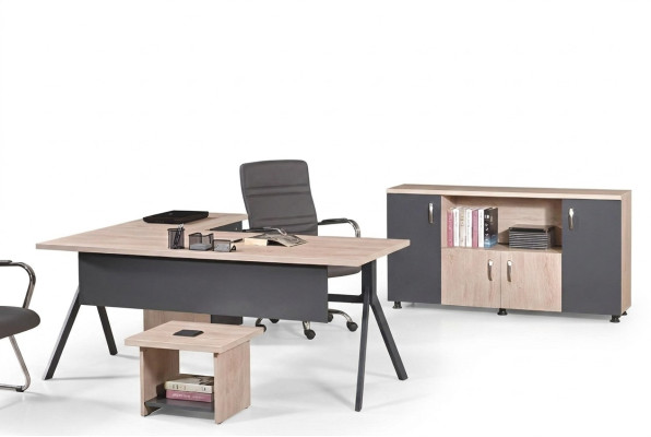Mesa de trabajo, oficina completa, muebles de oficina, escritorio de esquina de 3 piezas, juego de madera gris.