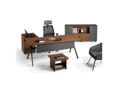 Escritorio de esquina, escritorio de trabajo, oficina completa, conjunto de muebles de oficina de 3 piezas en gris de madera.