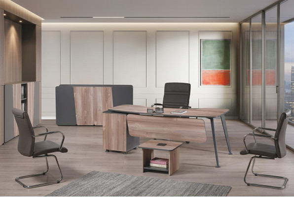 Muebles de oficina Conjunto de escritorio de 3 piezas de madera marrón.