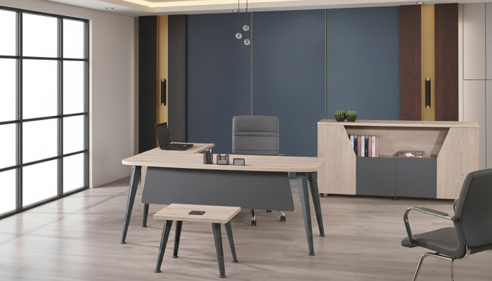 Mesa de oficina en esquina, escritorio de trabajo, oficina completa, muebles de oficina de madera en gris, conjunto de 3 piezas.