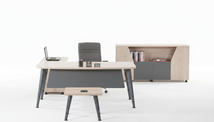 Mesa de oficina en esquina, escritorio de trabajo, oficina completa, muebles de oficina de madera en gris, conjunto de 3 piezas.