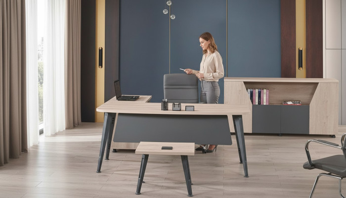 Muebles de oficina para la oficina en casa Escritorio de esquina Conjunto de 3 piezas Gris de madera.