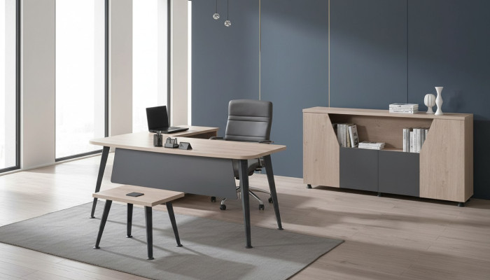 Muebles de oficina para la oficina en casa Escritorio de esquina Conjunto de 3 piezas Gris de madera.