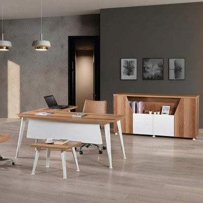 Muebles de oficina blancos Set de 3 piezas Mesa de esquina de oficina completo Armario de madera Grupo