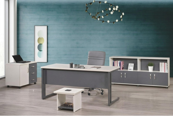 Mesa de trabajo Muebles de oficina Muebles de computadora Escritorio 4 piezas Juego de madera Gris