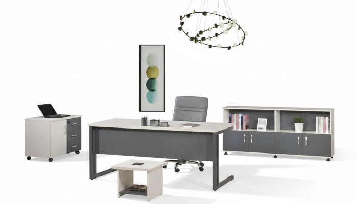 Mesa de trabajo Muebles de oficina Muebles de computadora Escritorio 4 piezas Juego de madera Gris