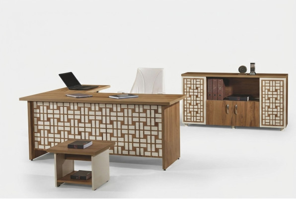 Grupo de muebles de oficina para la esquina de la oficina, escritorio de esquina, mobiliario de sala de trabajo, armario de 3 piezas de madera marrón.