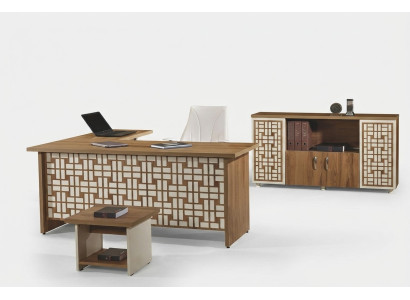 Grupo de muebles de oficina para la esquina de la oficina, escritorio de esquina, mobiliario de sala de trabajo, armario de 3 piezas de madera marrón.