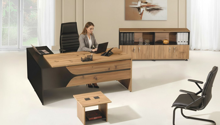 Muebles de oficina en marrón, conjunto de 3 piezas: escritorio de esquina, oficina completa, armario de madera.