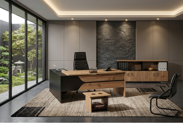 Muebles de oficina en marrón, conjunto de 3 piezas: escritorio de esquina, oficina completa, armario de madera.
