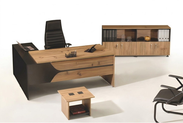 Muebles de oficina en marrón, conjunto de 3 piezas: escritorio de esquina, oficina completa, armario de madera.